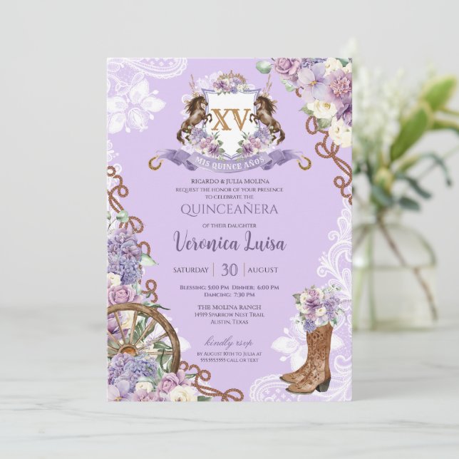 Invitación Lilac Purple Clásico Charro Occidental Quinceanera (Anverso de pie)