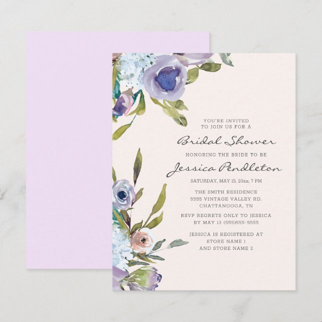 Invitación Lilac Purple Dusty Blue Floral Bridal Shower (Anverso / Reverso)