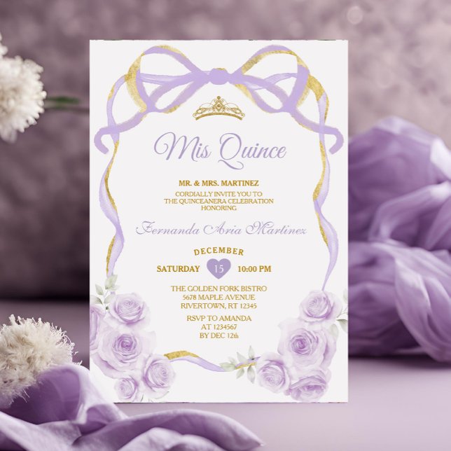 Invitación Lilac Purple Floral Bow Gold Ribbon Mis Quince (Subido por el creador)