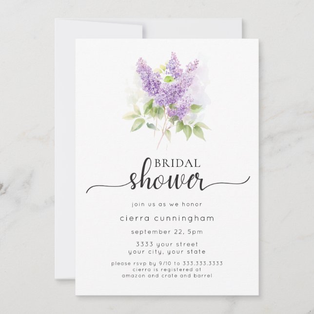 Invitación Lilac Purple Floral Bridal Shower (Anverso)