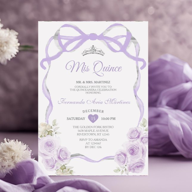 Invitación Lilac Purple Floral Cinta Cinta Plata Misera (Subido por el creador)