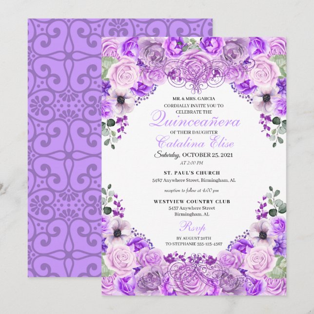 Invitación Lilac Purple Floral Quinceanera Cumpleaños (Anverso / Reverso)