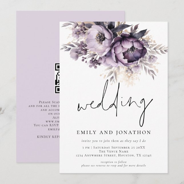 Invitación Lilac Purple Florals Boda informal de guiones (Anverso / Reverso)