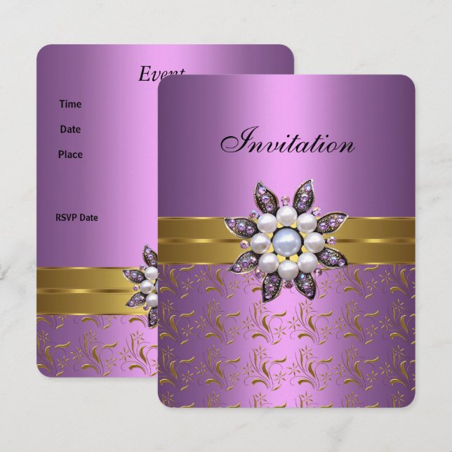 Invitación Lilac Purple Gold Invita a Jewel Floral Elegante C (Anverso / Reverso)