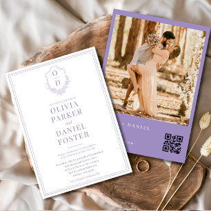 Invitación Lilac Purple Moderno Código QR Escudo Boda de foto