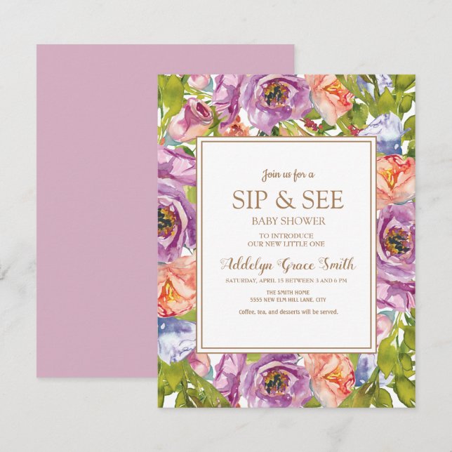 Invitación Lilac Purple Pink Floral Sip Véase Baby Shower (Anverso / Reverso)