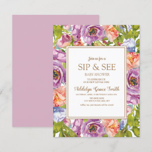 Invitación Lilac Purple Pink Floral Sip Véase Baby Shower