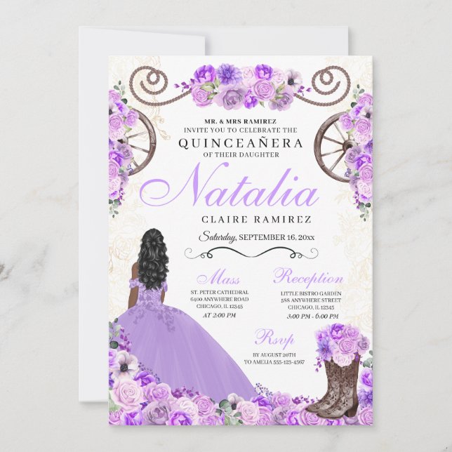 Invitación Lilac Purple Ranchero Princesa Vestido Quinceanera (Anverso)