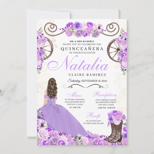 Invitación Lilac Purple Ranchero Princesa Vestido Quinceanera (Anverso)