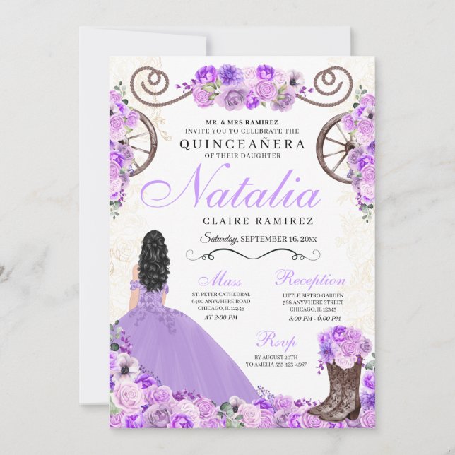 Invitación Lilac Purple Ranchero Princesa Vestido Quinceanera (Anverso)