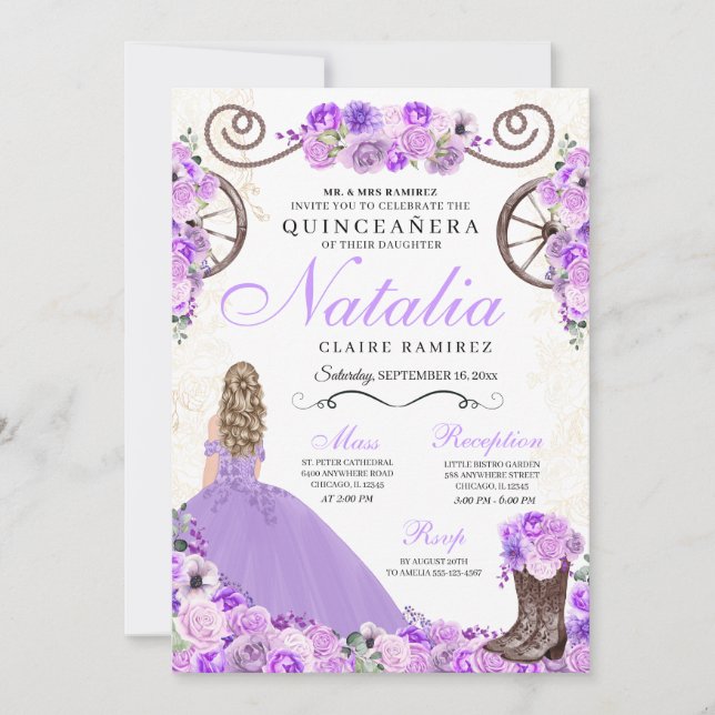 Invitación Lilac Purple Ranchero Princesa Vestido Quinceanera (Anverso)