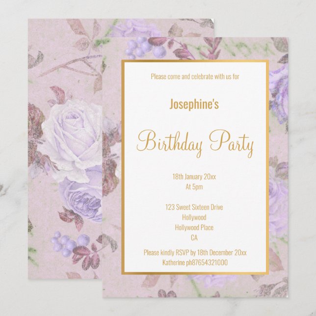 INVITACIÓN LILAC PURPLE ROSA GOLD PERSONALIZADO BLANCO CUMPLE (Anverso / Reverso)