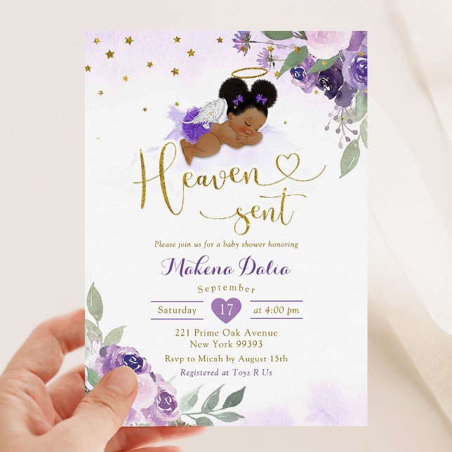 Invitación Lilac Púrpura Afro Bebé Africano Cielo Enviado Duc (Subido por el creador)