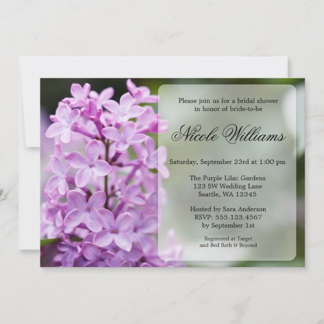Invitación Lilac púrpura, flores de novia (Anverso)