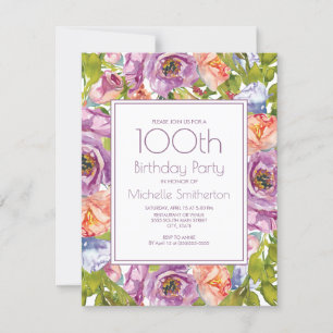Invitación Lilac Púrpura Naranja Azul Floral 100 Cumpleaños