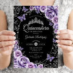 Invitación Lilac Púrpura Plata Negro Quinceañera<br><div class="desc">Invitación de celebración de Quinceañera púrpura lilac,  plata y negra. Características,  fuente de escritura,  mariposas,  rosas de acuarela y tiara. Perfecto para una celebración de glamour de estilo princesa elegante. Personalice con sus propios detalles. Invitaciones impresas de Zazzle o plantilla digital descargable instantánea.</div>