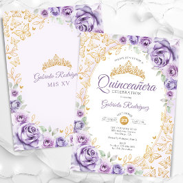 Invitación Lilac Púrpura Quinceañera Floral Dorado