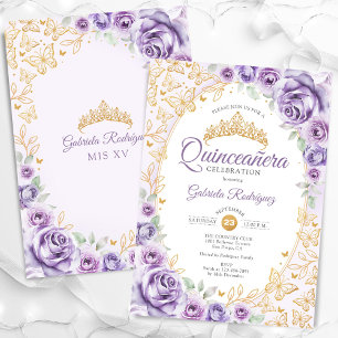 Invitación Lilac Púrpura Quinceañera Floral Dorado