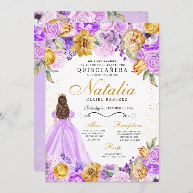 Invitación Lilac Purpurina de la Princesa de Oro Tiara Quince (Anverso / Reverso)