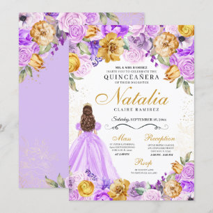 Invitación Lilac Purpurina de la Princesa de Oro Tiara Quince