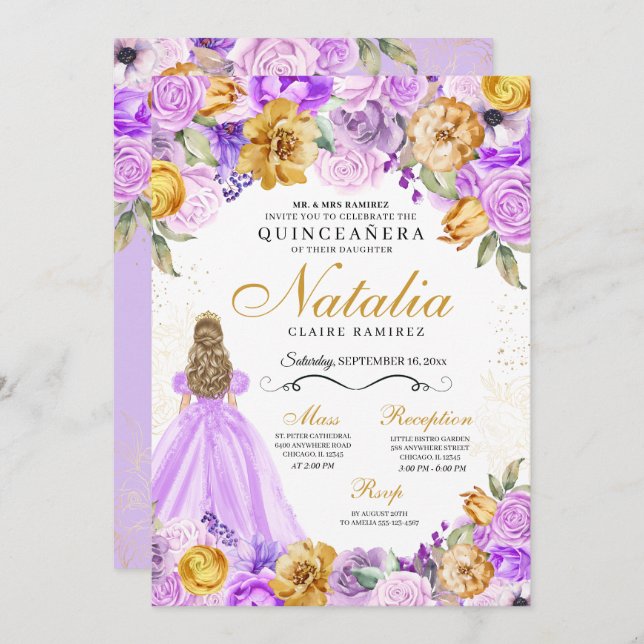 Invitación Lilac Purpurina de la Princesa de Oro Tiara Quince (Anverso / Reverso)