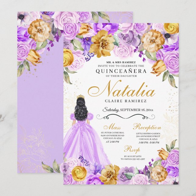 Invitación Lilac Purpurina de la Princesa de Oro Tiara Quince (Anverso / Reverso)