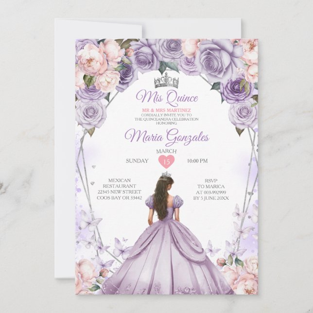 Invitación Lilac Rosa Mis Quince Anos Crown Quinceañera (Anverso)