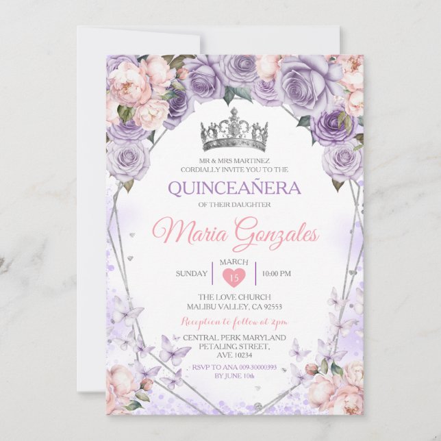 Invitación Lilac rosa Quinceañera Crown Mariposa Mexicana (Anverso)