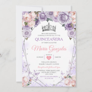 Invitación Lilac rosa Quinceañera Crown Mariposa Mexicana