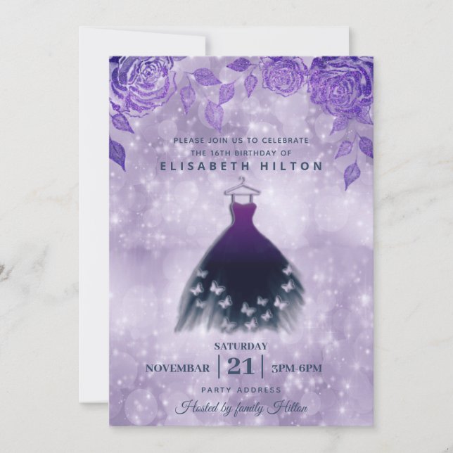 Invitación Lilac rosas vestido moderno mariposa dulce diecisé (Anverso)