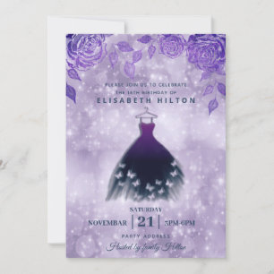 Invitación Lilac rosas vestido moderno mariposa dulce diecisé