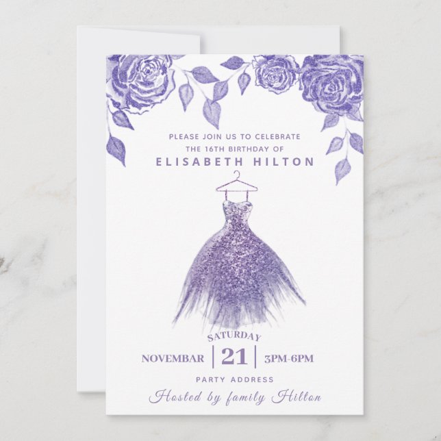 Invitación Lilac rosas vestido moderno Purpurina dulce diecis (Anverso)