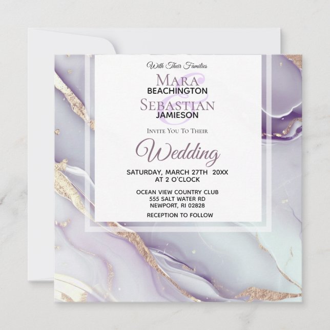 Invitación *~* LILAC RSVP QR GOLD MARBLE AR AR66 Boda (Anverso)