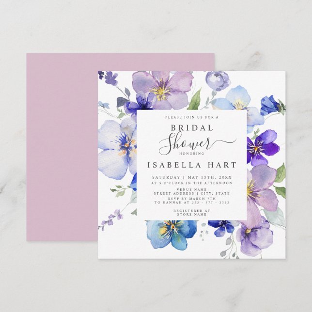 Invitación Lilac Rubor Mauve Pansy Viola Floral Bridal Shower (Anverso / Reverso)