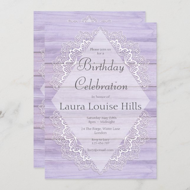 Invitación Lilac Rustic Woodgrain y Lace Cumpleaños (Anverso / Reverso)
