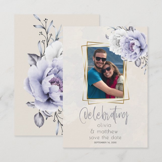 Invitación Lilac rústico y Boda floral peonista de alabastro (Anverso / Reverso)