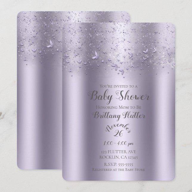 Invitación Lilac Shimmer Flutter Butfly Baby Shower (Anverso / Reverso)