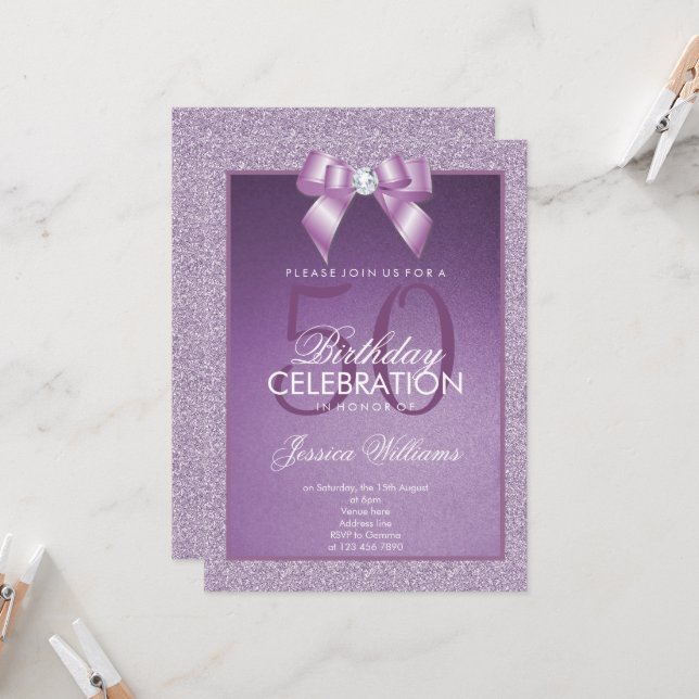 Invitación Lilac Sparkle & Stylish Gem Cumpleaños (Anverso/Reverso In Situ)