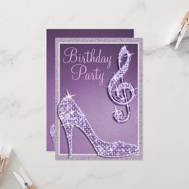 Invitación Lilac Stiletto & Treble Clef Cumpleaños (Anverso/Reverso In Situ)