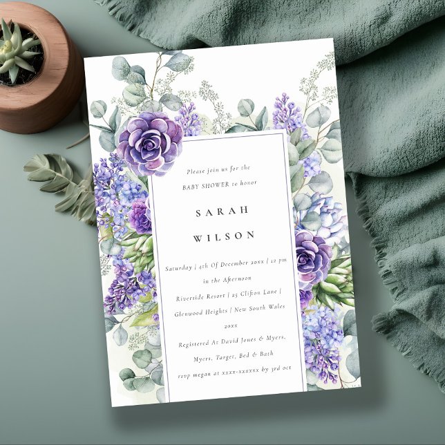 Invitación Lilac Suculento Eucalyptus Foliage Baby Shower (Subido por el creador)