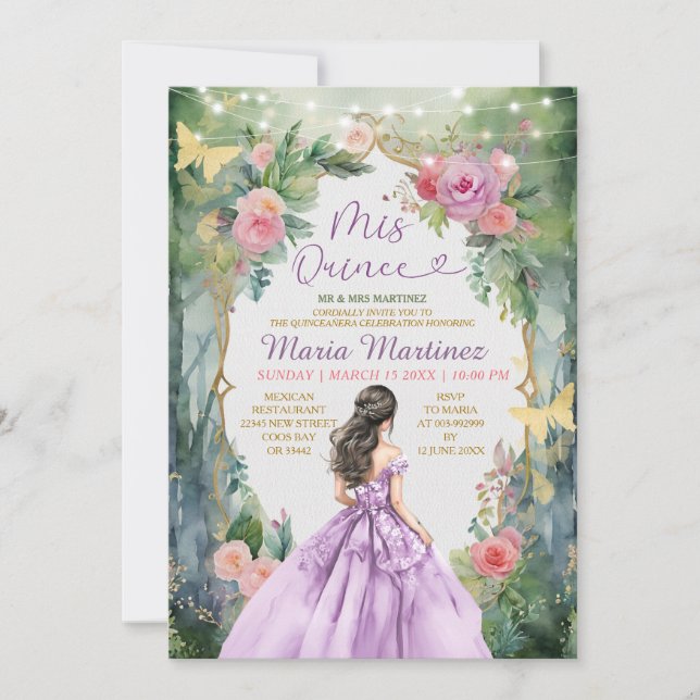 Invitación Lilac Vestido Púrpura Mariposa Bosque Mis Quince (Anverso)