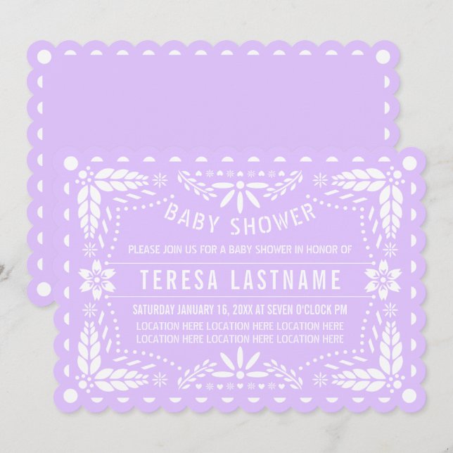 Invitación Lilac violeta, blanco papel picado bebé ducha (Anverso / Reverso)