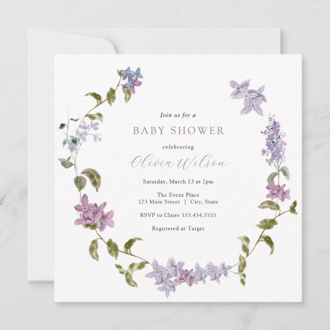 Invitación Lilac Watercolor Floral Baby Shower (Anverso)