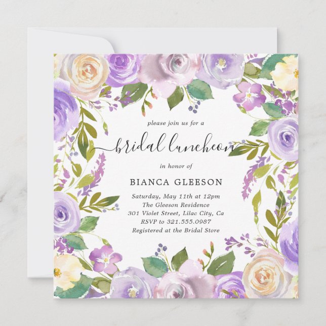 Invitación Lilac Watercolor Floral Elegante Bridal Luncheon (Anverso)