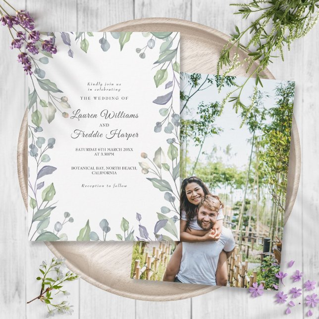 Invitación Lilac Watercolor Floral Photo Boda (Lilac Watercolor Floral Photo Wedding Invitation)