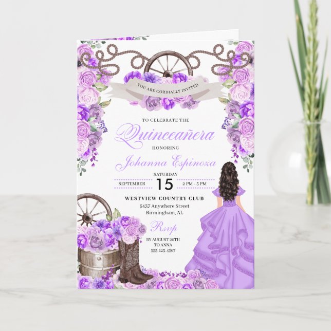Invitación Lilac Western Charro Bi-Fold Quinceanera (Anverso)
