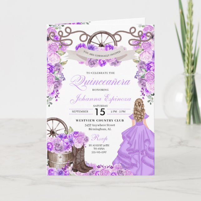 Invitación Lilac Western Charro Bi-Fold Quinceanera (Anverso)
