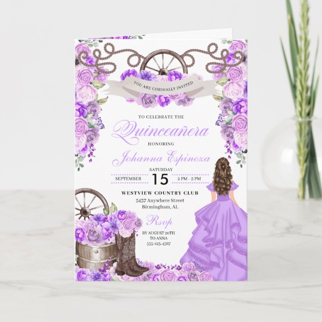 Invitación Lilac Western Charro Bi-Fold Quinceanera (Anverso)