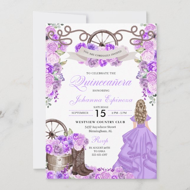 Invitación Lilac Western Cowgirl Boots Ranchero Quinceanera (Anverso)
