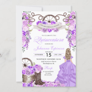 Invitación Lilac Western Cowgirl Boots Ranchero Quinceanera